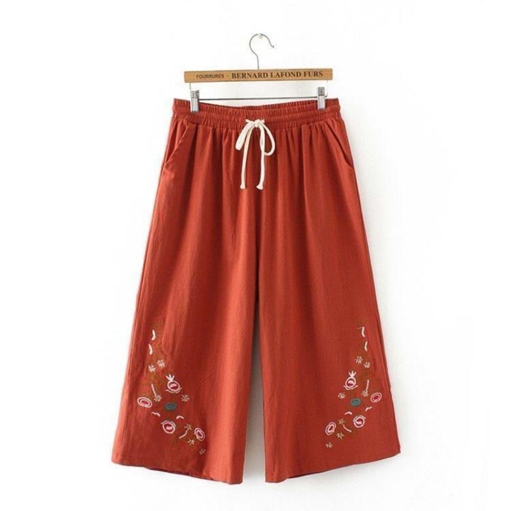 Women's Elastic Waist Wide Leg Pants Loose Fit Casual Cropped Pants Embroidered Cotton Linen Culottes