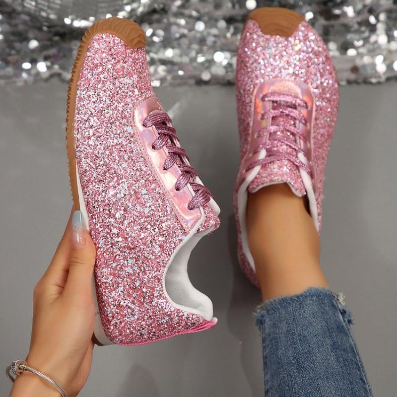 Fashion Women Flat Sneakers 2025 New Casual Bling Vulcanized Shoes Women Mesh Lace Up Platform Plus Size Fashion Outdoor Woman Shoes