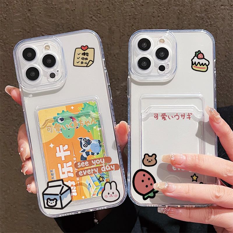 Card Slot Holder Silicone Wallet Pocket Case For Xiaomi Redmi Note 14 13 12 11 10 iPhone 17 16 14 13 Pro Samsung S23 S24 S25 Cover Clear Phone Bumper