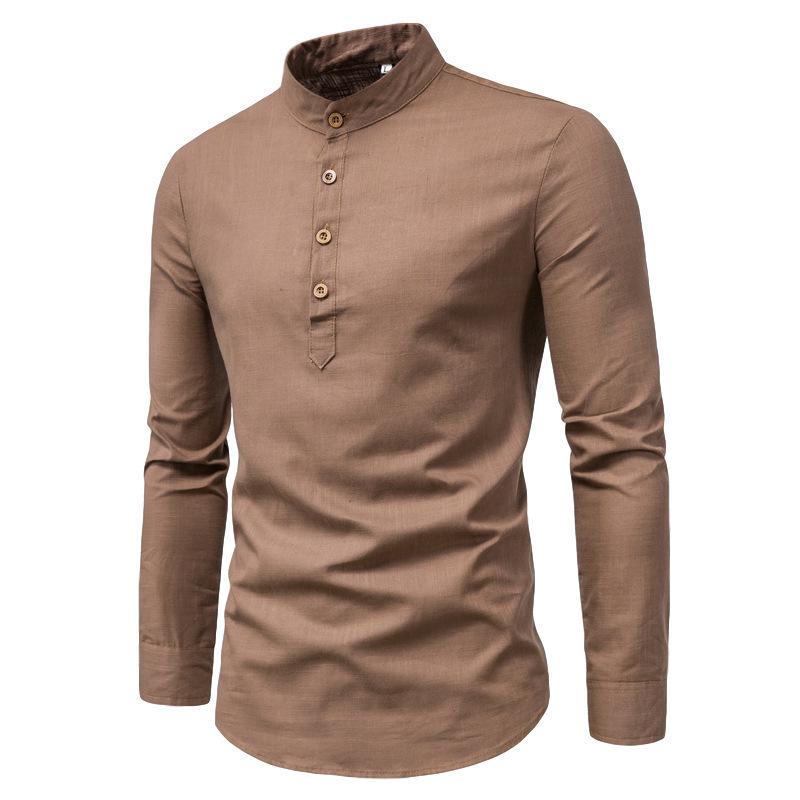 Men's Solid Color Slim-Fit Stand-Up Collar Cotton Shirt – European & American Autumn Casual Business Long-Sleeve