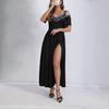 Women Evening Dress Hollow Out V Neck High Split Sequin Pleated Short Sleeves Plus Size A-line Off Shoulder Ankle Length Prom Party Maxi Dress