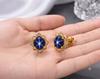 Blue Star Sapphire Earring Stud Earring 925 Sterling Silver In Yellow Gold Fill, Oval Shape Gemstone Designer CZ Earring Women Jewelry
