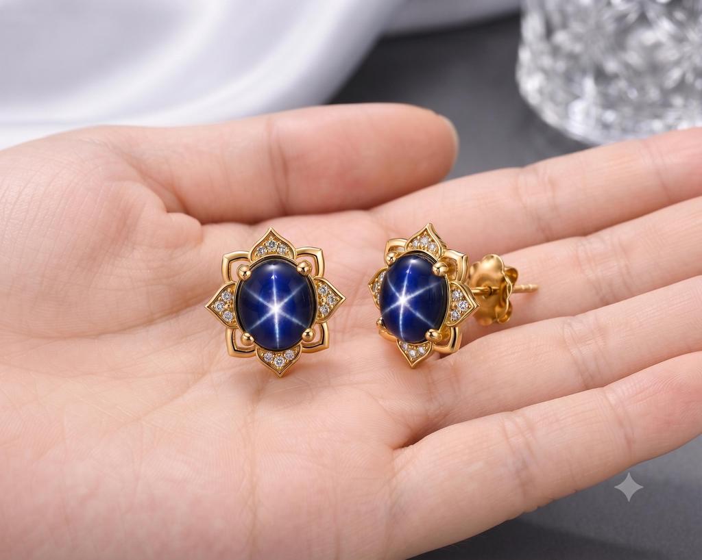Blue Star Sapphire Earring Stud Earring 925 Sterling Silver In Yellow Gold Fill, Oval Shape Gemstone Designer CZ Earring Women Jewelry