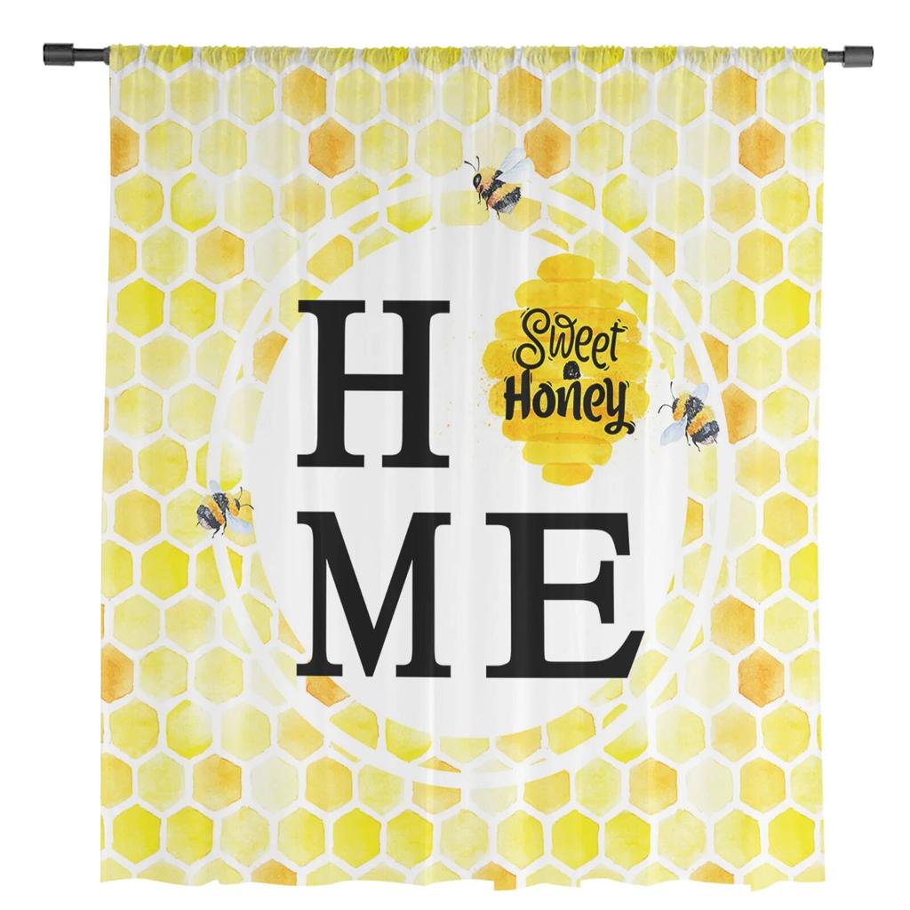 Transparente Vorhänge mit Bienenstock-Aquarellmuster für Wohnzimmer, Schlafzimmer, Kinderzimmer, Tüll-Fenstervorhänge