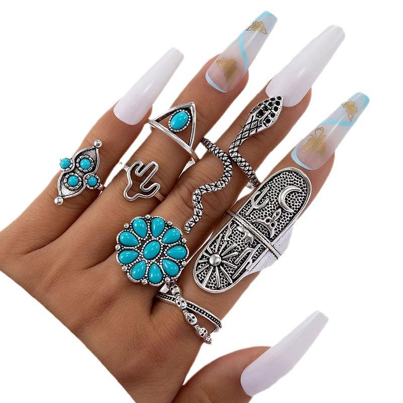 European and American Retro Style Imitation Turquoise Ring Design Sense Flower Leaf Eagle Geometric Joint Ring Set for Women