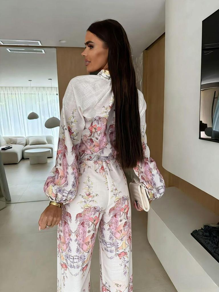 2026 European & American Versatile Linen Print Casual Long Pants Set