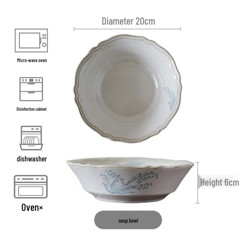 French Retro Lily of the Valley Tableware Set: Ceramic Dinner Plates, Rice Bowls, Steamed Fish Plates, and Household Dish Set.