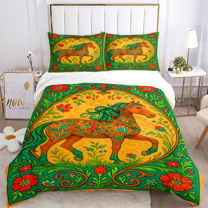 3PCs Horse Artwork Design Cover Set, Breathable Fabric, Machine Washable (1 Duvet Cover + 2 Pillowcases) (Without Quilt) yy250911121