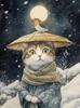 Japanese Black Cat Bathing Moon Lucky Cat Cartoon Illustration Retro Diamond Paintings Wall Art Pictures Home Decor Gift