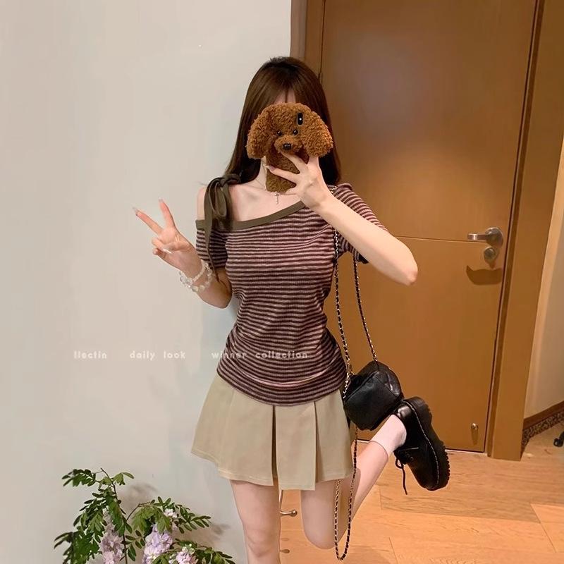 Summer Sweet & Spicy Striped Off-Shoulder Slim Fit T-Shirt for Women