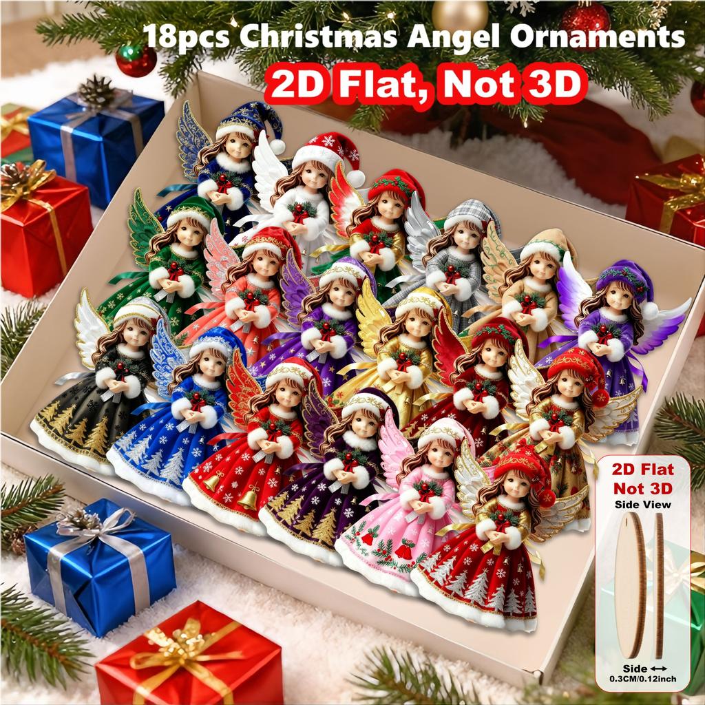 18pcs Christmas Wooden Cute Colorful Angel 2D Flat Wooden Pendant Christmas Tree Decoration Perfect Holiday Party Gift Decoratio