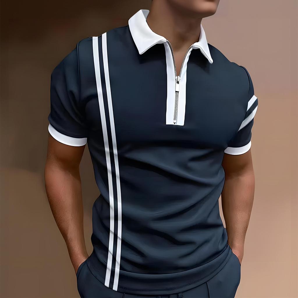 Men's Casual Striped Zipper-Collar Short-Sleeve Shirt