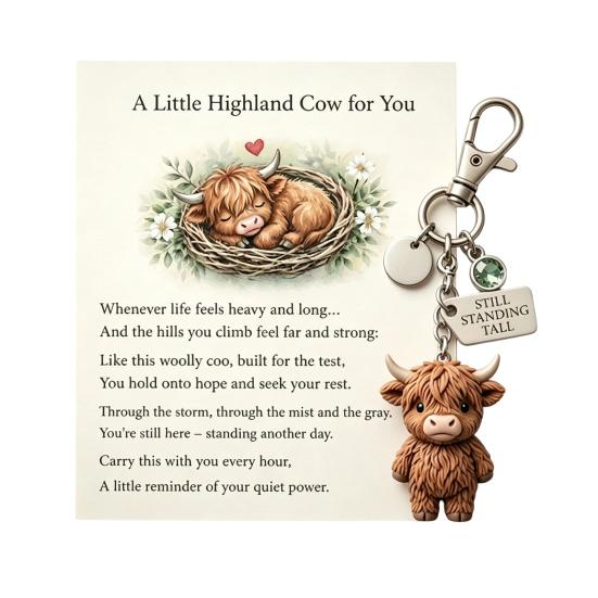 Keychain Pendant Highland Cow Charm Key Chain with Inspirational Still Standing Tall Label Soft Alloy Resin Keyring 1pc A