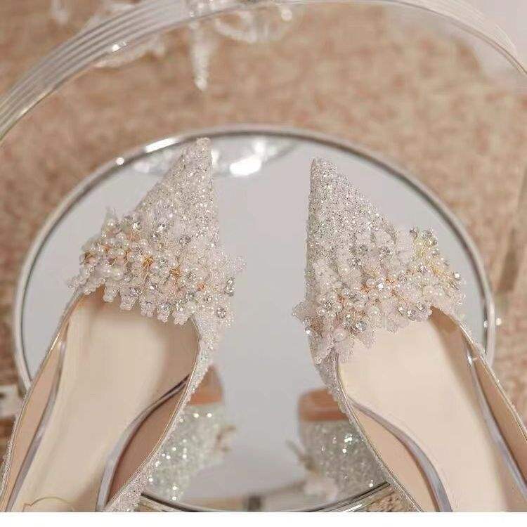 Silver wedding shoes bride shoes 2025 new high heels women's thin heels Xiuhe two wear main wedding dress crystal shoes sequined diamonds