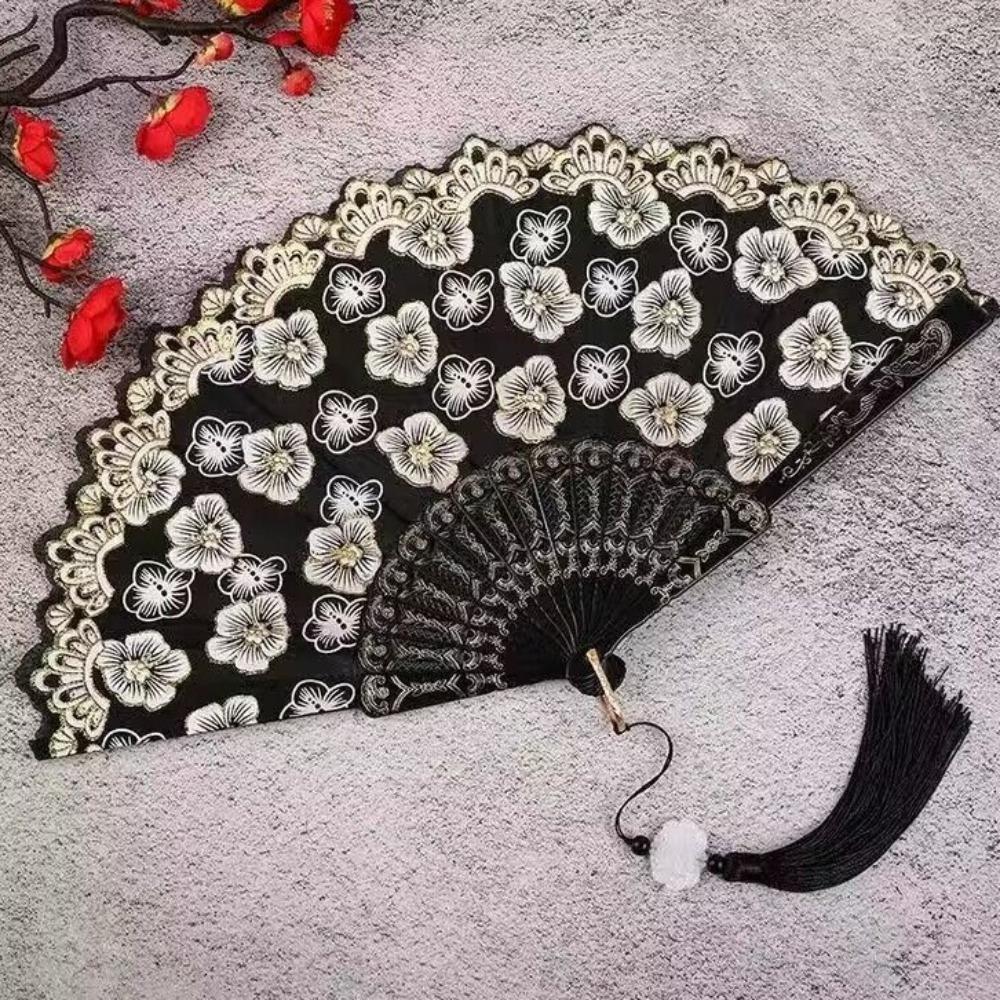 Hanfu Fan Flower Pattern Chinese Folding Fan Traditional Vintage Handheld Fan with Tassel Portable Decorative Fan Cultural Event