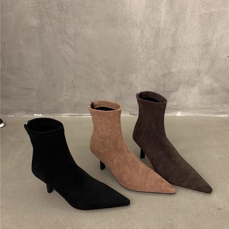 High-heeled Pointed-toed Temperament Suede Thin Short Boots Women's Shoes 2025 New Autumn and Winter Velvet Korean Small Ankle Boots