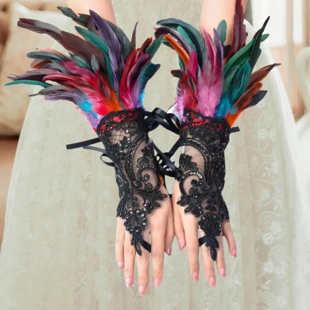 Retro Sequins Feather Lace Gloves Gothic Women Halloween Arm Sleeves Halloween Feather Gloves  Ball