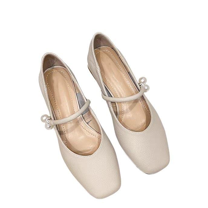 Retro thick heel square head Mary Jane shoes spring new French pearl light mouth low heel single shoes