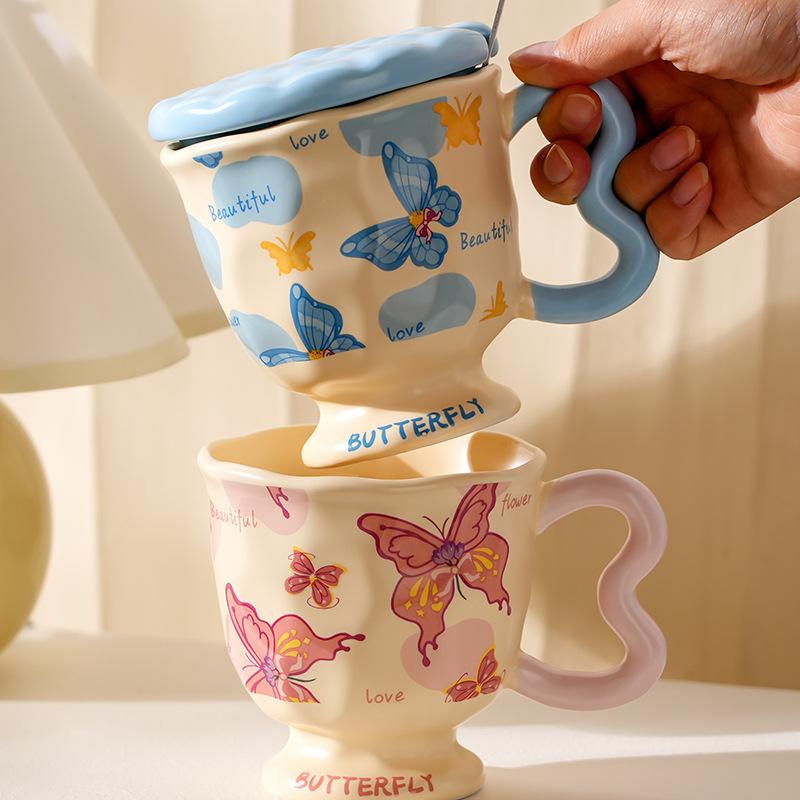 Butterfly Girls Goblet with Lid Spoon Personalized Creative Mug Office and Home Ceramic Cup Opening Gift Cup