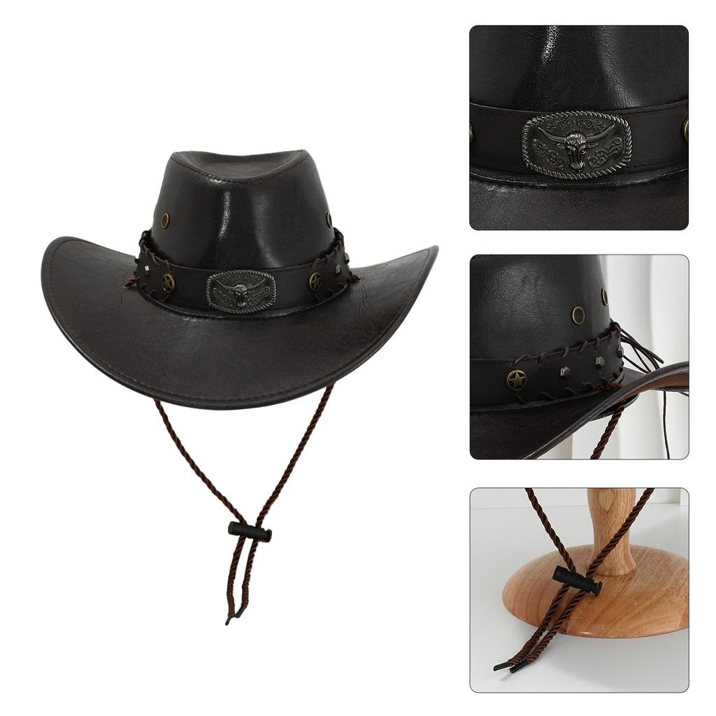 Large Brims Western Hat PU Leather Top Hat with Bull Head Belt for Costume Parties Halloween Dressingup Props Headwear