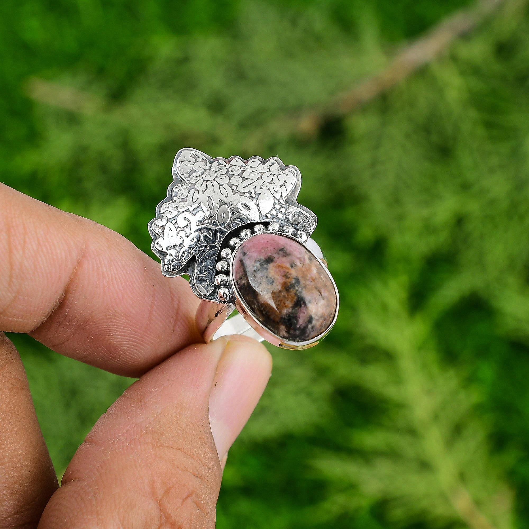 

925 Sterling Silver Oval Rhodonite Stone Anniversary Statement Sister Boho Ring Adjustable