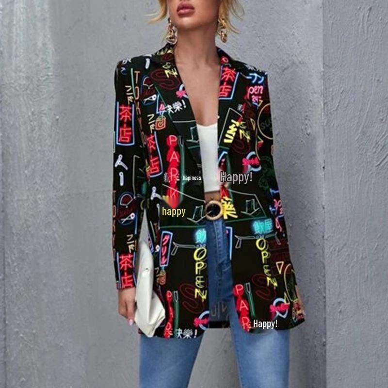European & American Women's Mid-Length Printed Casual Blazer - Spring/Autumn 2024 Fashion