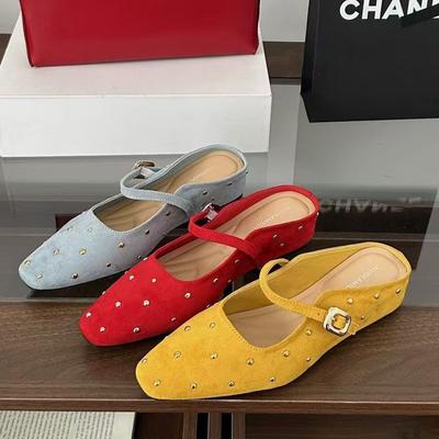 2025 French Retro Rivet Bag Head Red Half Slippers Women's Fashion Temperament One-pedal Lazy Muller Shoes