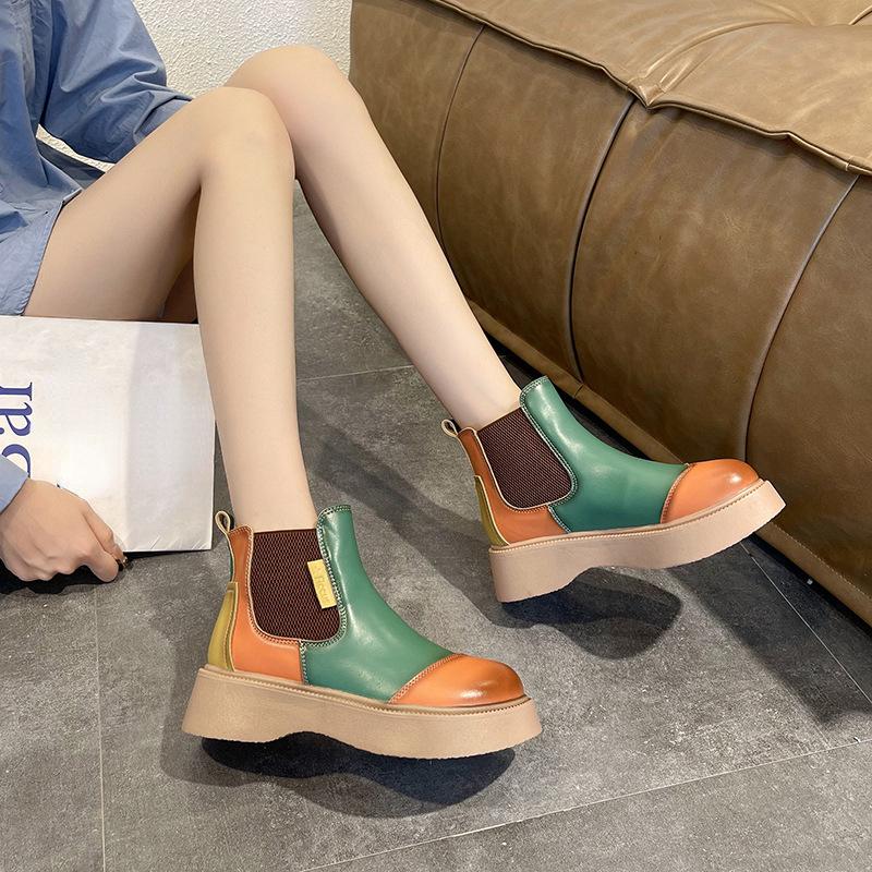 Chelsea Ankle Boots Women Platform Shoes Fashion Mixed Colors Slip-on Round Toe Mid Heel Ankle Boots Goth Designer Party Shoes