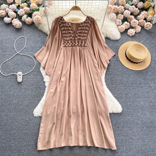 

Женские платья Новое поступление V-образный вырез вышитый воланами край длинный расклешенный рукав платье осеннее женское платье One Size хаки