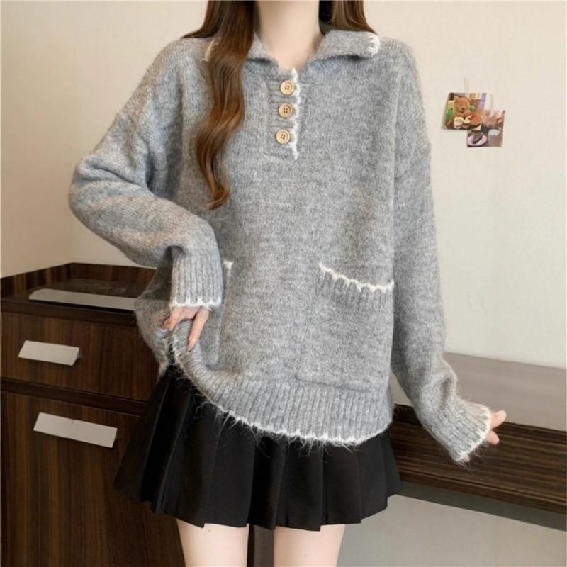 Loose Oversized Polo Neck Knit Sweater Women Plus Size Fall Winter Slim Fit Base Top