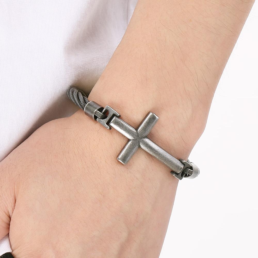 Bracciale a Croce per Uomini Adolescenti Catena a Maglie in Acciaio Inossidabile Braccialetto Larghezza 6MM Cristiano Religioso Gesù Confermazione Gioielli Regali