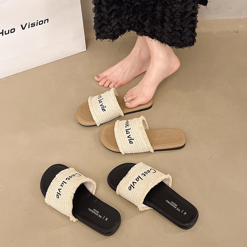 Retro woven one-word drag women's summer wear new vacation lazy flat bottom with skirt beach sandals