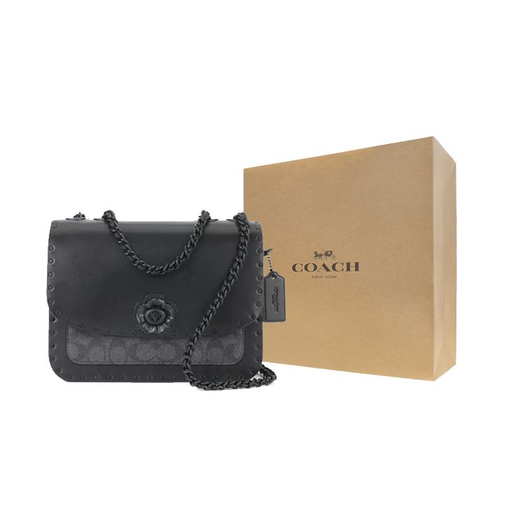 Coach Madison 24 Camellia Metal Studded Flap Chain Snake Print Detail Leather Small Shoulder Crossbody Bag Medium Women bags Black C3758-MWQV8