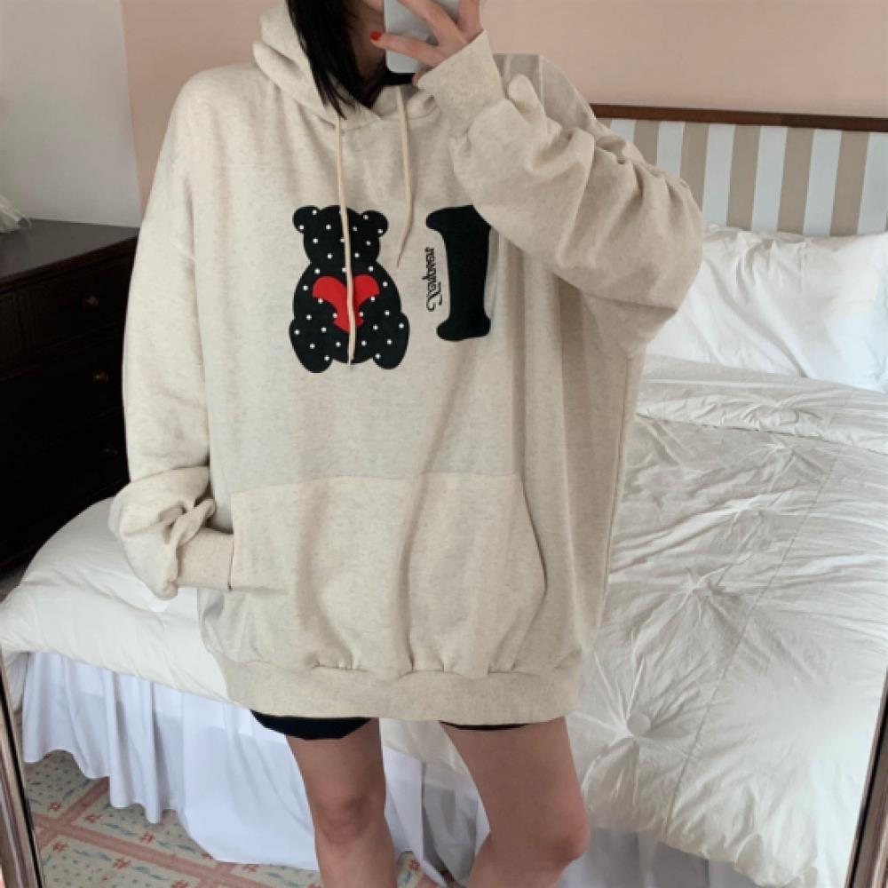 New Arrivals Open Run Women Lovely Bear Printing Autumn Oversized Kangaroo Hoodi
