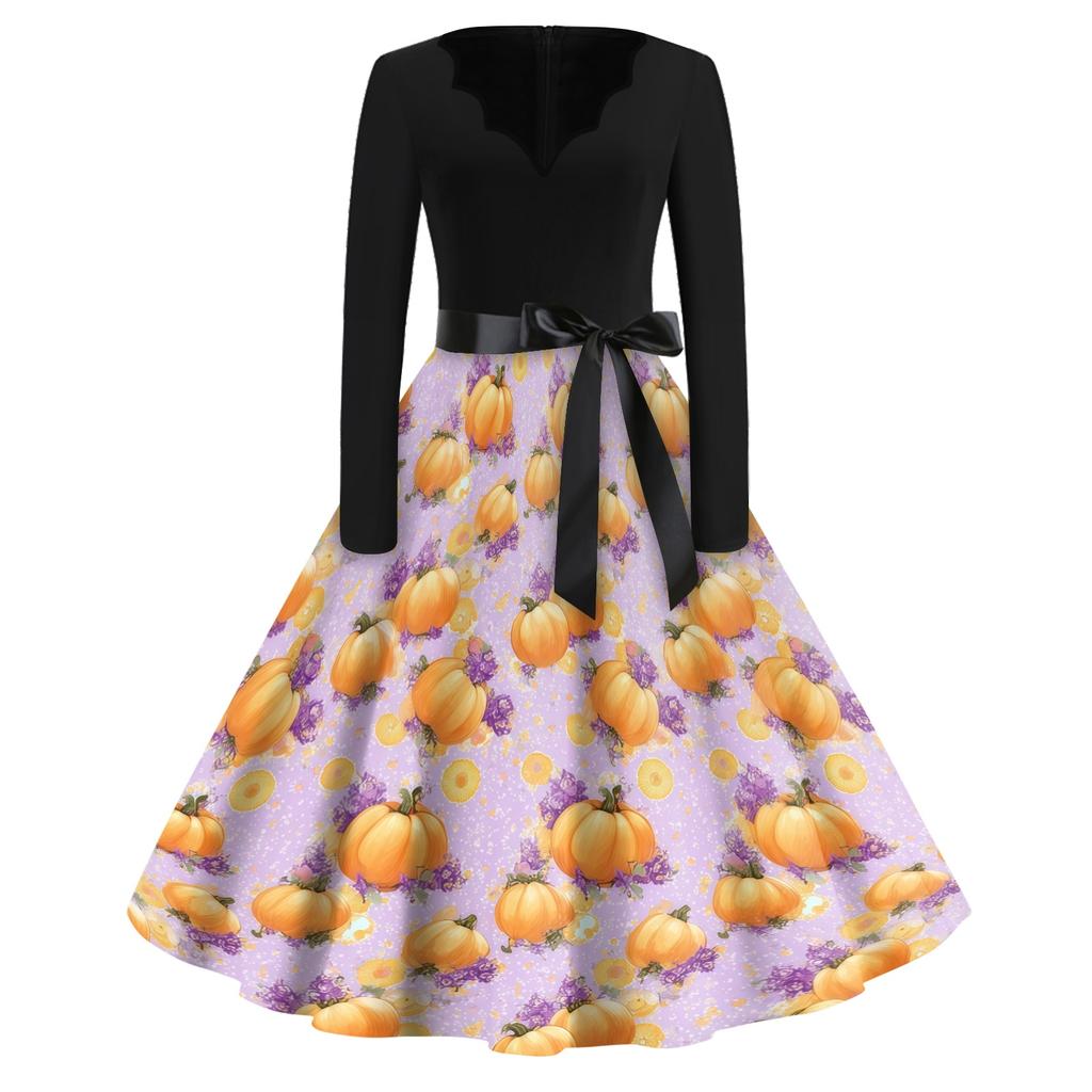 Women's Vintage V Neck Dress Halloween Print Long Sleeve Casual Retro Style Dress with Flared Skirt and Waist Tie for Seasonal Wear