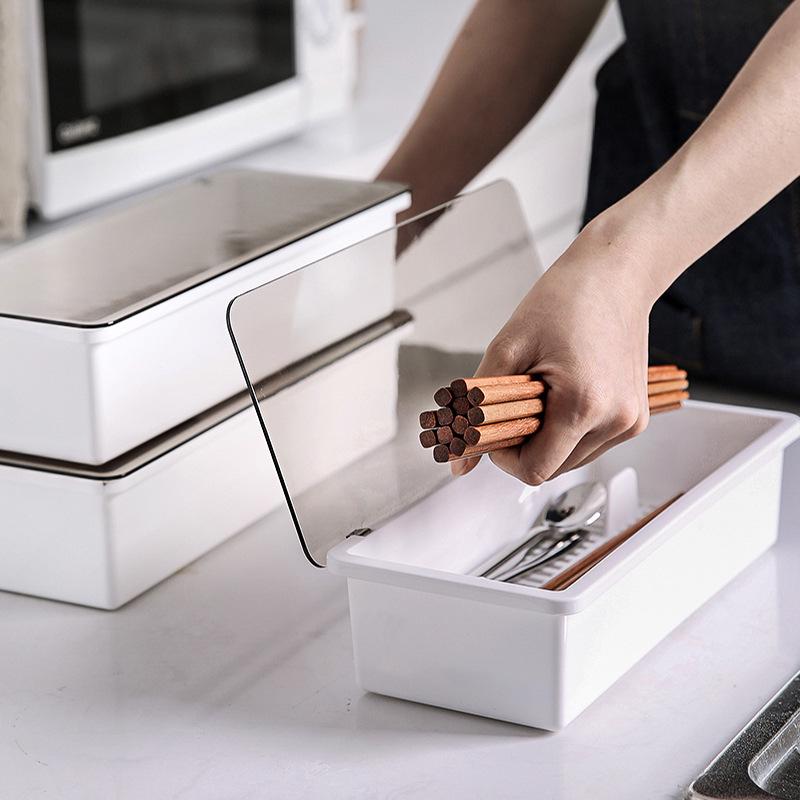 Chopstick Box with Lid: Dustproof, Water-Draining Kitchen Storage Rack for Utensils - Holds Chopsticks, Spoons, Knives & Forks