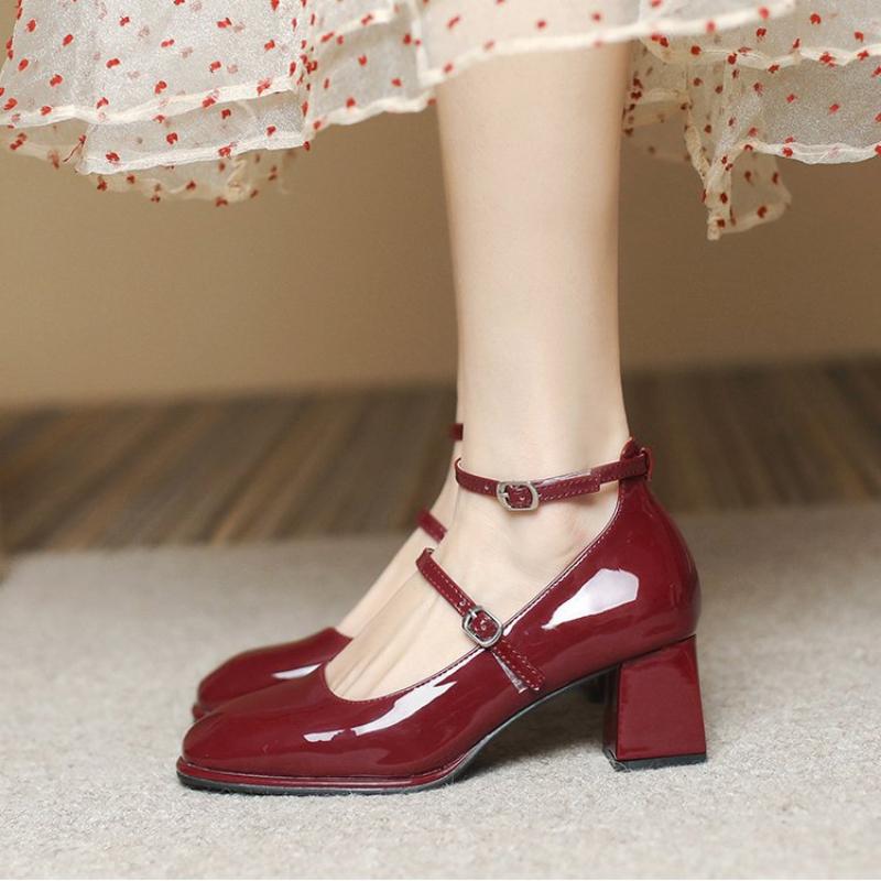 Women's retro thick heeled shoes Mary Janes HighQuality Leather Shoes Women SquareToe Shallow Buckle Strap ladies footwear Mujer