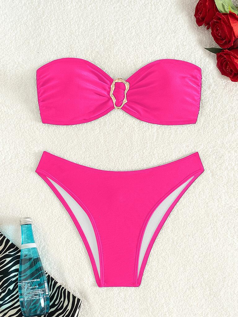 Women’s Summer Bathing Suit Solid Color Bandeau and High Cut Bottom Sexy Bikini Swimsuit, Two-Piece Swimwear