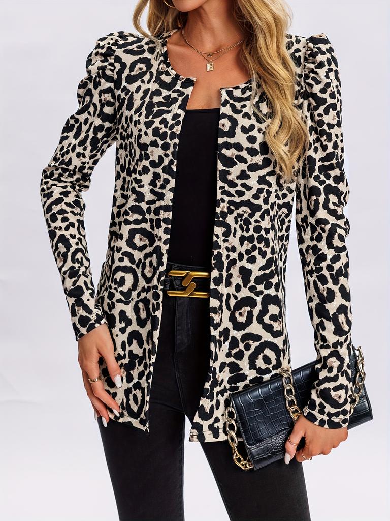 2025 New Cross-Border Long Sleeve Leopard Print Cardigan Mid-Length Open Front Pure Color Polo Collar Princess Sleeve Shirt