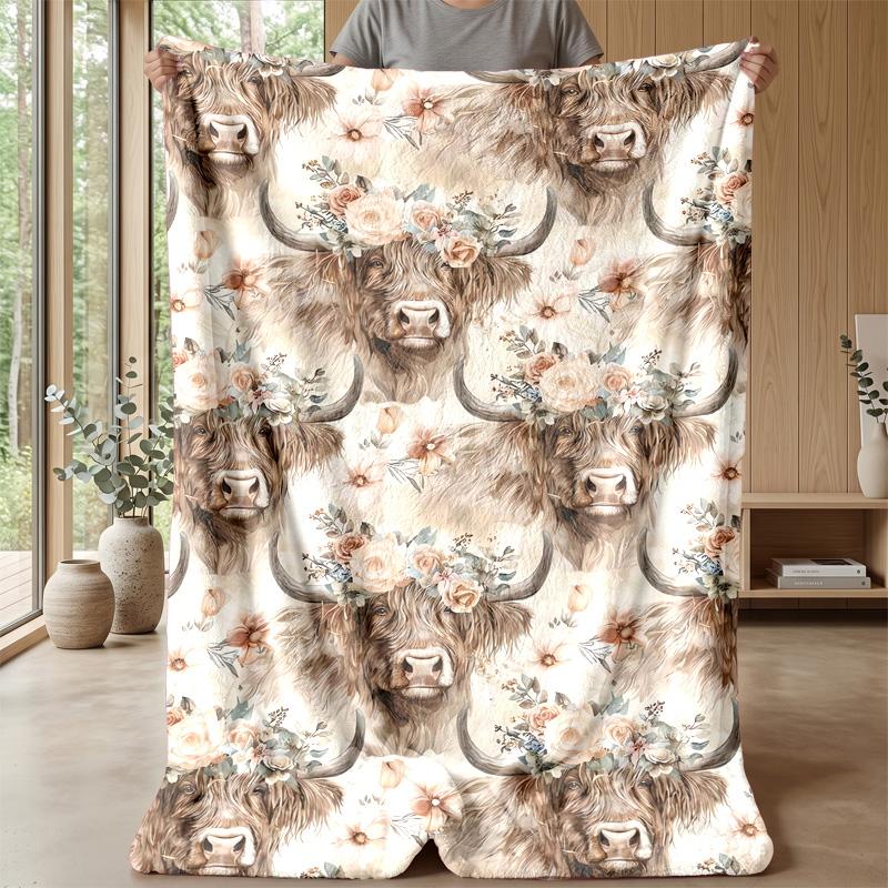 Floral Bull with Sunflowers Theme Blanket Lightweight Warm Flannel Blanket Decorative Throw Blanket for Home Decoration