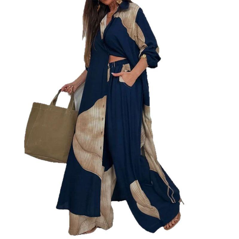 European and American Women clothes Fashion Casual Color Matching Loose Shirts Top Trousers Two-piece Set Two Piece Set