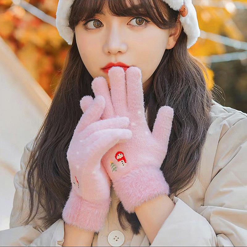 Autumn And Winter Knitted Plush Gloves Outdoor Cycling Windproof Warm Thick Cute Cartoon Touch Screen Gloves