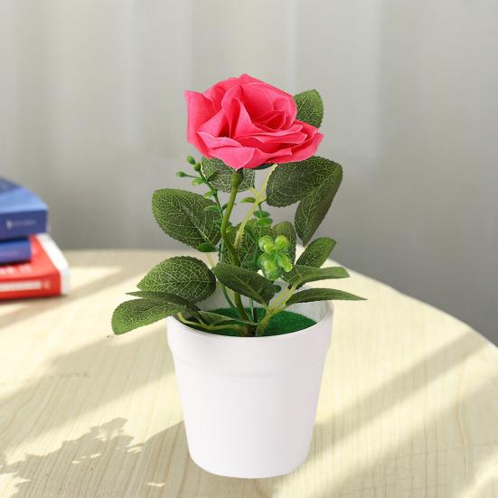 Artificial Potted Rose Desktop Faux Rose Bonsai Reusable Artificial Rose in Flower Pot for Home Office Decor Photography Prop