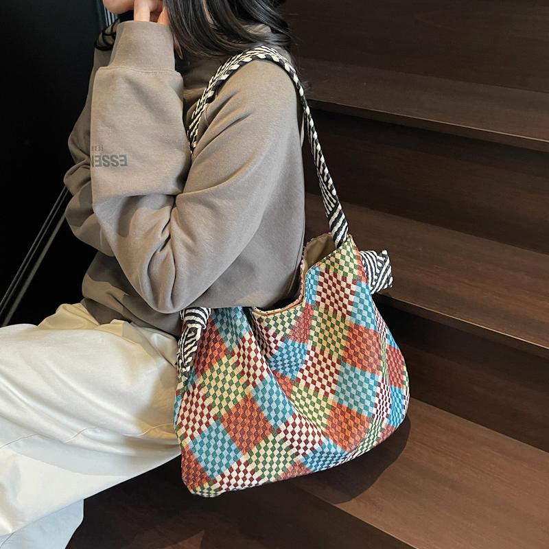 Color Block Tote Bag Women Print Plaid Shoulder Bag