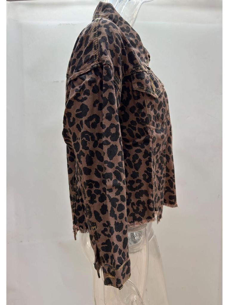 Leopard Print Long Sleeve Denim Short Jacket 2024