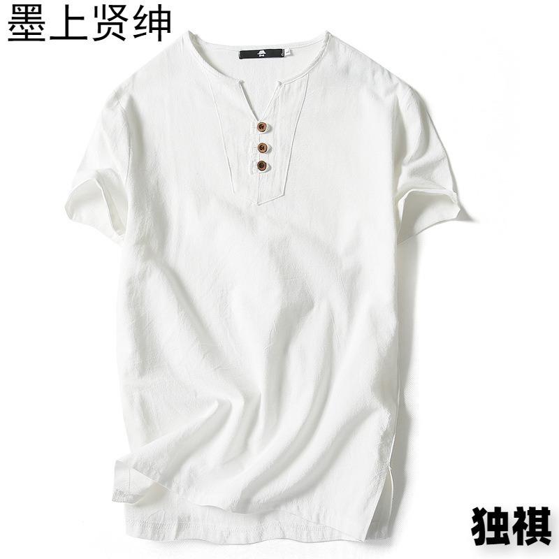Summer  men's cotton and linen short-sleeved T-shirt men's three-button solid color large-size youth stand-up collar top