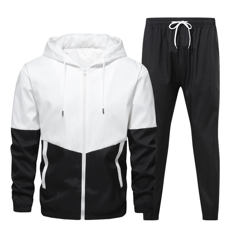 Men's Patchwork Color Block Hooded Jacket & Athletic Set for Spring/Autumn