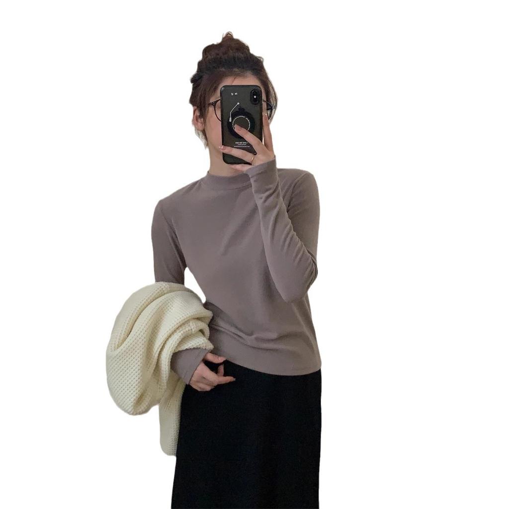 Small Stand Collar Cashmere Undercoat Women's Wear with Autumn and Winter White Long-sleeved T-shirt Slim Fit Plus Cashmere Frosted Solid Color Blouse