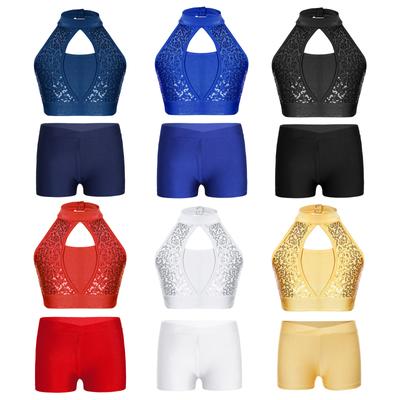 Ärmelloses Pailletten-Crop-Top für Kinder und Mädchen mit Shorts für Tanz- und Gymnastikwettbewerbe