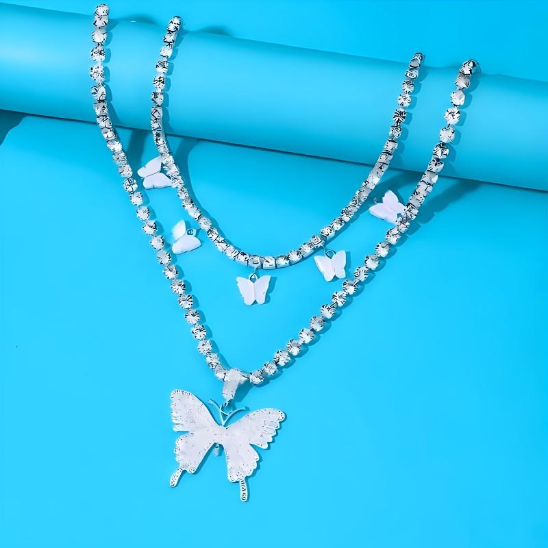 Rhinestone Butterfly Pendant Layered Necklace for Women Average Size